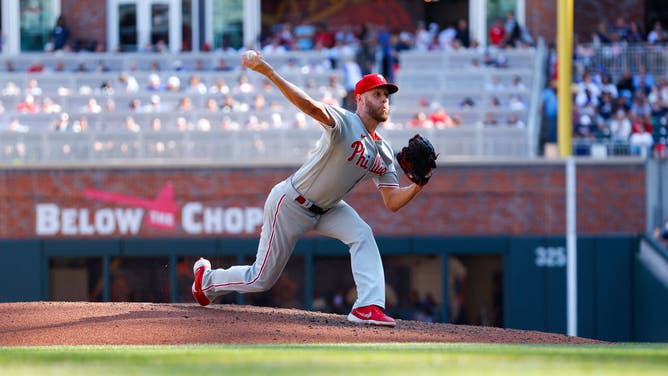 Philadelphia Phillies RhP Zack Wheeler Pitches against the Braves in Truist Park in Atlanta, Georgia.