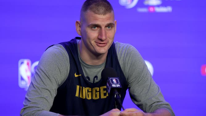 Nuggets C Nikola Jokic answers questions during Media Day before Game 1 of the NBA Finals vs. the Miami Heat at Ball Arena in Denver, Colorado.