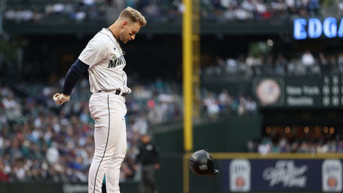 Mariners OF Jarred Kelenic reacts after striking out vs. the New York Yankees at T-Mobile Park in Seattle, Washington.
