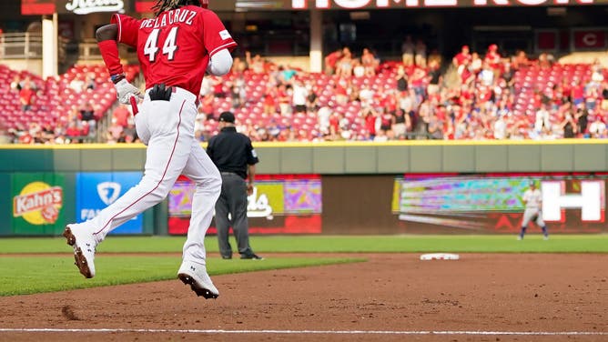 Reds SS Elly De La Cruz rounds the bases after hitting a home run vs. the Dodgers at Great American Ball Park in Cincinnati, Ohio.