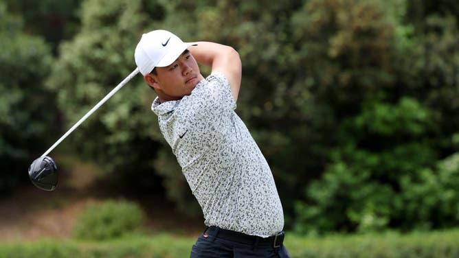 Tom Kim plays his shot from the 5th tee during a practice round prior to the 123rd U.S. Open Championship at The Los Angeles Country Club.