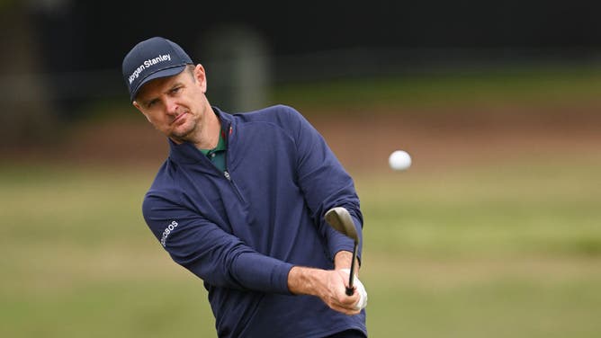 Justin Rose plays a shot during a practice round prior to the 123rd U.S. Open Championship at The Los Angeles Country Club.