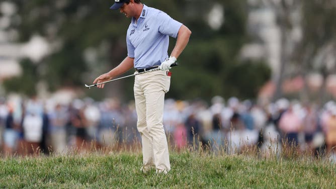 Harris English reacts to missing the ball on the 18th hole during the third round of the 123rd U.S. Open Championship at The Los Angeles Country Club.
