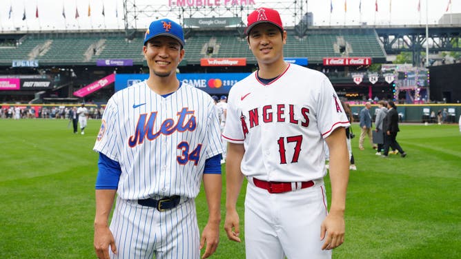 Senga and Angels superstar Shohei Ohtani pose during the MLB All-Star Game Media Availability at T-Mobile Park in Seattle, Washington.