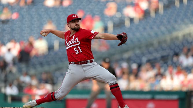 Cincinnati Reds LHP Graham Ashcraft pitches against Nationals at Nationals Park in Washington, DC.