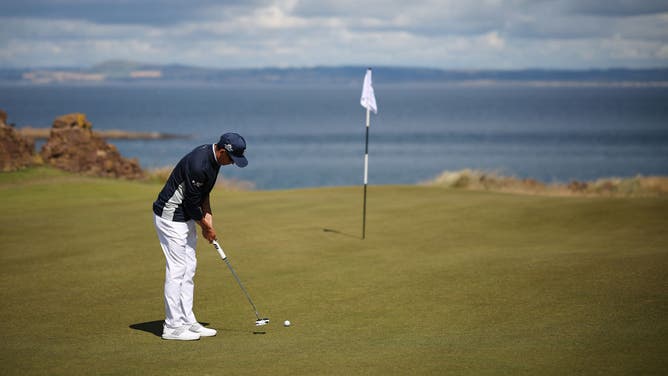 Rickie Fowler putts on the 14th green during the Pro-Am prior to the 2023 Genesis Scottish Open at The Renaissance Club North Berwick.