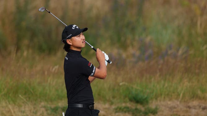 Min Woo Lee plays his third shot on the 10th hole during Round 1 of the Genesis Scottish Open 2023 at The Renaissance Club.
