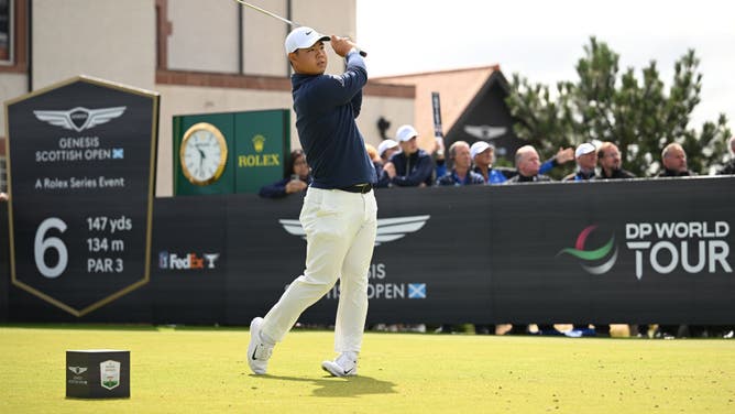 Tom Kim tees off on the 6th hole during Round 4 of the 2023 Genesis Scottish Open at The Renaissance Club in Scotland.