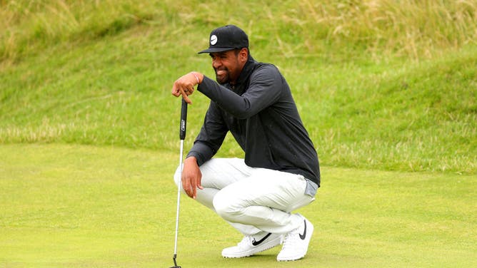 Tony Finau on the 14th green during a practice round for to The 151st Open at Royal Liverpool Golf Club in Hoylake, England.