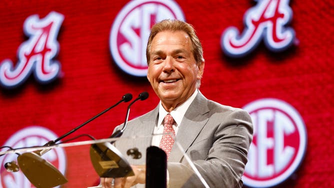 Alabama head coach Nick Saban smiling