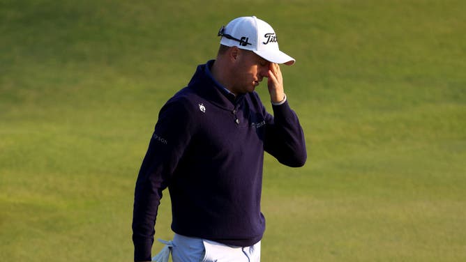 Justin Thomas reacts during The 151st Open Championship at Royal Liverpool Golf Club.
