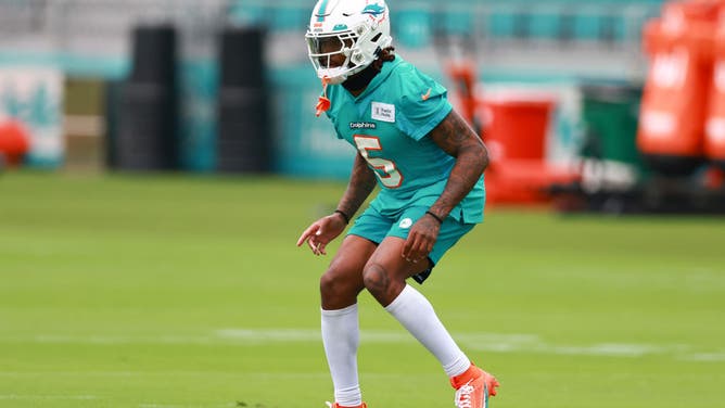 Jalen Ramsey of the Miami Dolphins takes part in a drill during training camp.
