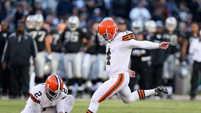 Phil Dawson of the Cleveland Browns kicks a field goal against the Oakland Raiders in an NFL game on December 2, 2012 in Oakland, California.