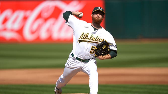 A's RHP Paul Blackburn pitches against the San Francisco Giants at RingCentral Coliseum in Oakland, California.