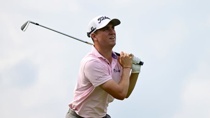 Justin Thomas of the United States reacts during the final round of the Wyndham Championship at Sedgefield Country Club, the final regular season event of the year for the PGA Tour prior to the FedEx Cup Playoffs.