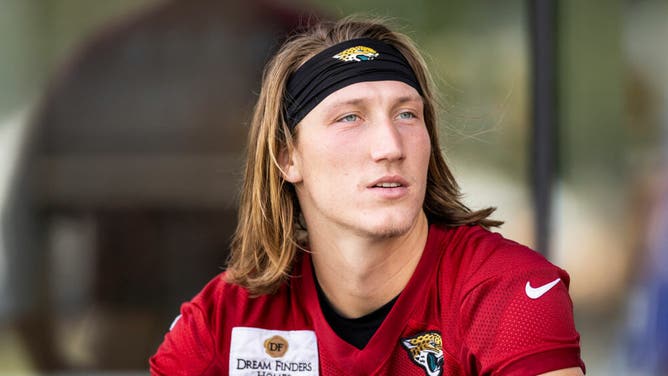 Trevor Lawrence of the Jacksonville Jaguars looks on during Training Camp at Miller Electric Center on August 03, 2023 in Jacksonville, Florida.