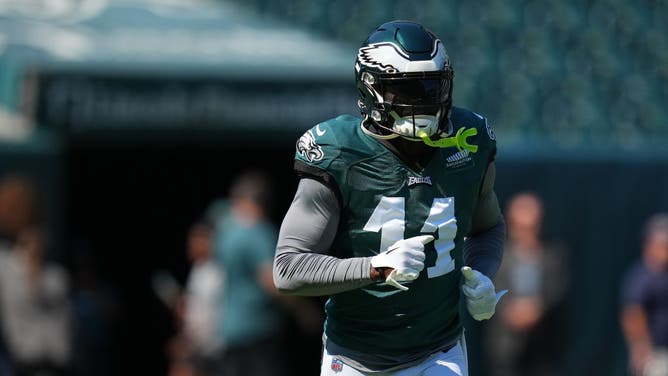 A.J. Brown of the Philadelphia Eagles participates in practice during Training Camp at Lincoln Financial Field on August 9, 2023 in Philadelphia, Pennsylvania.