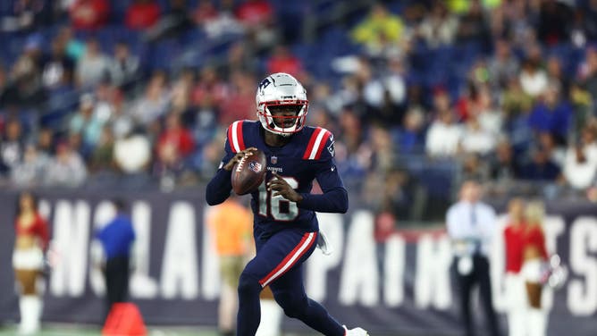Malik Cunningham of the New England Patriots looks to pass during the fourth quarter during the preseason game against the Houston Texans at Gillette Stadium on August 10, 2023 in Foxborough, Massachusetts.