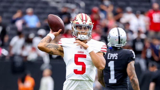 Quarterback Trey Lance of the San Francisco 49ers warms up prior to a preseason game against the Las Vegas Raiders at Allegiant Stadium on August 13, 2023 in Las Vegas, Nevada.