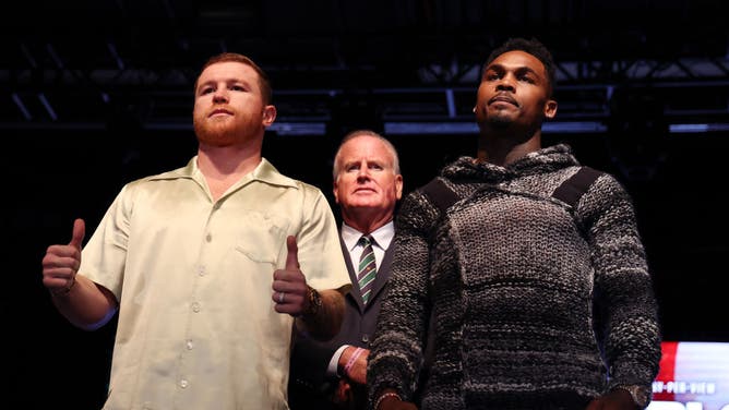 Canelo Alvarez and Jermell Charlo at a press conference to preview their September 30 super middleweight undisputed championship fight.