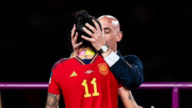 President of the Royal Spanish Football Federation Luis Rubiales kisses Jennifer Hermoso of Spain during the medal ceremony of FIFA Women's World Cup.