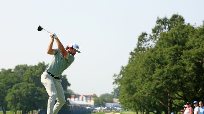 Cameron Young teeing off at the 9th hole at the PGA Tour's 2023 BMW Championship at Olympia Fields Country Club in Olympia Fields, Illinois.