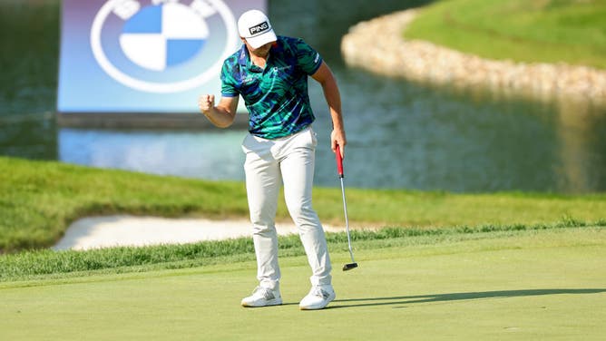 Viktor Hovland reacts after making birdie during the final round of the BMW Championship at Olympia Fields Country Club. Hovland beat Scottie Scheffler and Matt Fitzpatrick by two shots to win the tournament.