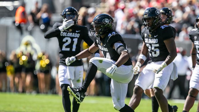 Colorado linebacker Jordan Domineck celebrates a defensive stop during Colorado's home opener against the Nebraska Cornhuskers.