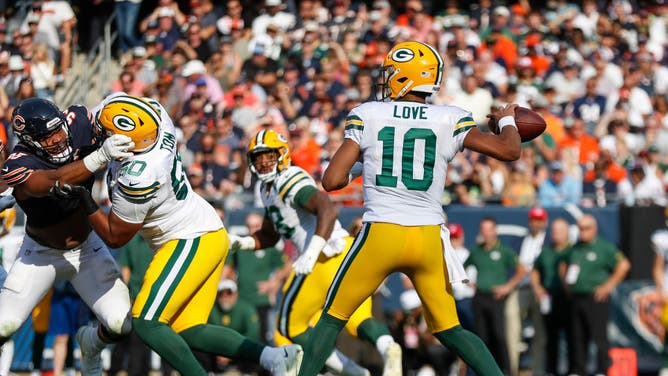 Green Bay Packers QB Jordan Love throws a pass against the Bears at Soldier Field in Chicago.