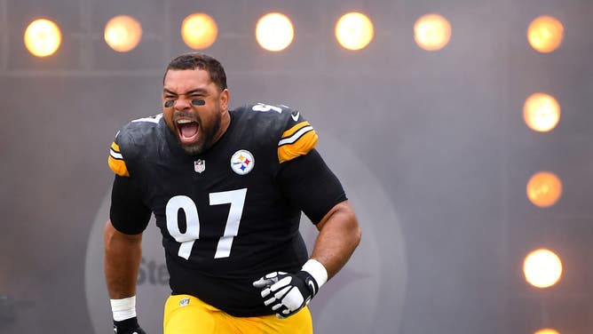 Steelers Cameron Heyward runs out on the field prior to a Week 1 game vs. the San Francisco 49ers at Acrisure Stadium in Pittsburgh, Pennsylvania.