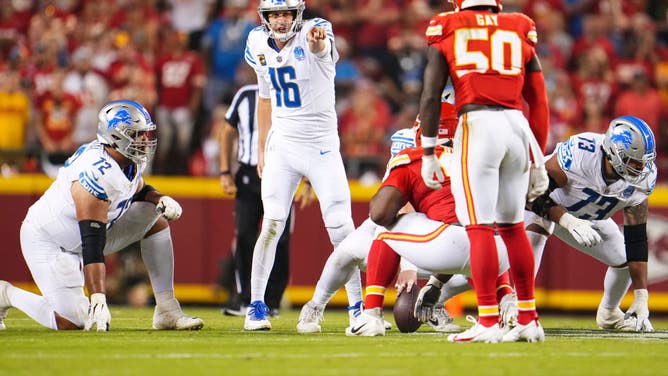 Detroit Lions QB Jared Goff gives directions in Week 1 NFL Kickoff Game vs. the Chiefs at GEHA Field at Arrowhead Stadium in Kansas City, Missouri.