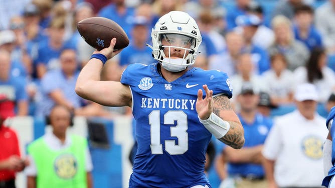 Kentucky Wildcats QB Devin Leary throws a pass against the EKU Colonels at Kroger Field in Lexington, Kentucky.