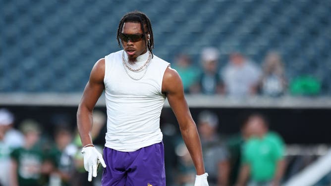Justin Jefferson of the Minnesota Vikings warms up before the Thursday Night Football game against the Philadelphia Eagles at Lincoln Financial Field on September 14, 2023 in Philadelphia, Pennsylvania.