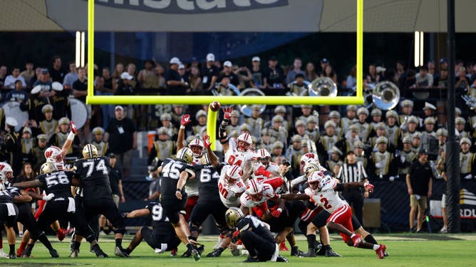 Purdue Boilermakers place kicker Julio Macias kicks a 34-yard field goal in the first quarter against the Wisconsin Badgers on September 22, 2023 at Ross-Ade Stadium in West Lafayette, Indiana.