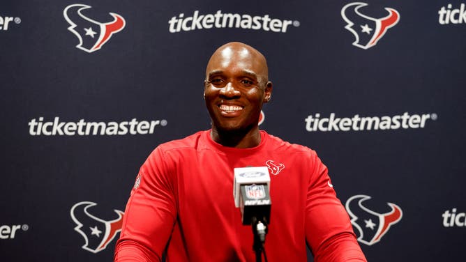 Head coach DeMeco Ryans of the Houston Texans talks with the media during his post game press conference following the first win of his NFL head coaching career over the Jacksonville Jaguars.