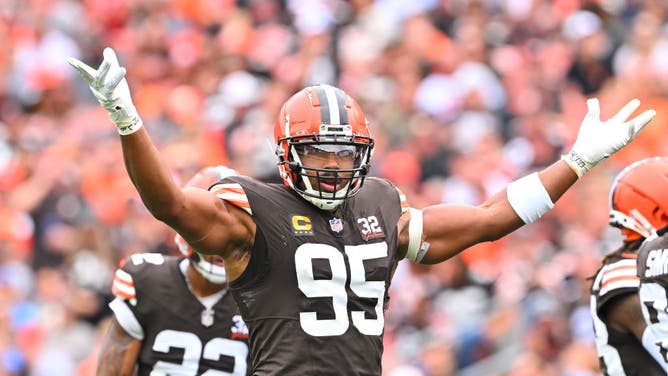 Browns edge rusher Myles Garrett reacts after a play vs. the Tennessee Titans at Cleveland Browns Stadium in Ohio.