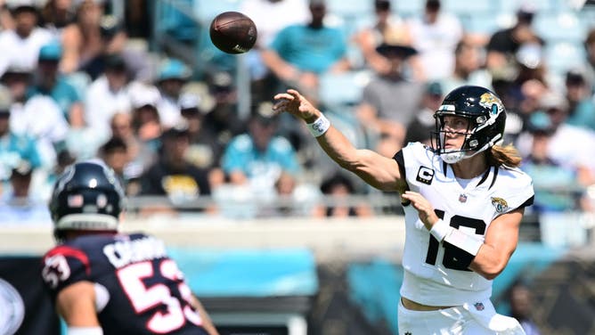 Jaguars QB Trevor Lawrence throws a pass vs. the Houston Texans at EverBank Stadium in Jacksonville, Florida.