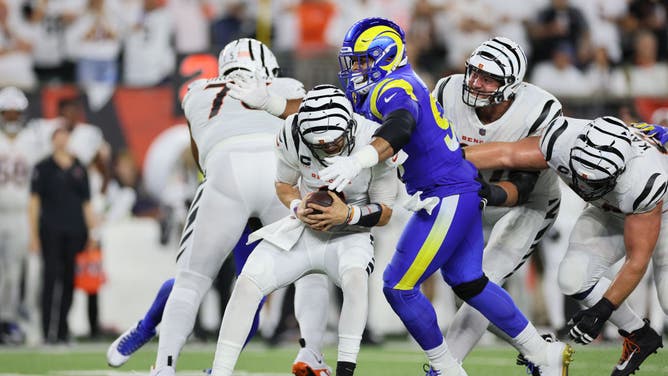 Los Angeles Rams pass rusher Aaron Donald sacks Bengals QB Joe Burrow at Paycor Stadium in Cincinnati, Ohio.