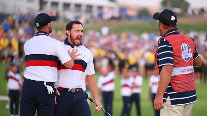 Patrick Cantlay of Team USA and teammate Wyndham Clark celebrate beating Rory McIlroy and Matt Fitzpatrick Sunday in the Ryder Cup.