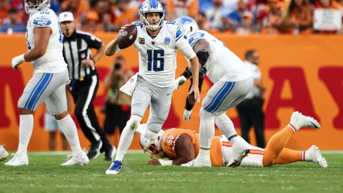 Detroit Lions QB Jared Goff rolls out of the pocket vs. the Tampa Bay Buccaneers at Raymond James Stadium in Florida.