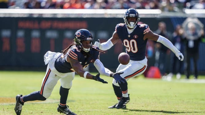 Bears LB Tremaine Edmunds catches an interception against the Minnesota Vikings at Soldier Field in Chicago.