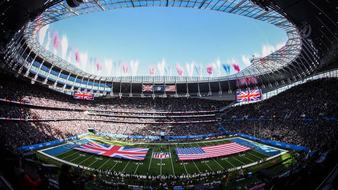 A general view of the stadium during the anthems during the NFL Sunday match between the Baltimore Ravens and Tennessee Titans at Tottenham Hotspur Stadium on October 15, 2023 in London, England.