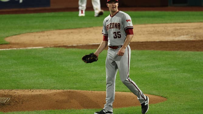 Arizona D-Backs LHP Joe Mantiply reacts to giving up a run in the 6th inning vs. the Phillies during Game 2 of the 2023 NLCS at Citizens Bank Park in Philadelphia.