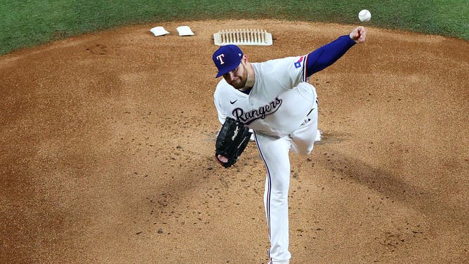 Rangers LHP Jordan Montgomery pitches vs. the Houston Astros during the 2023 ALCS at Globe Life Field in Arlington, Texas.