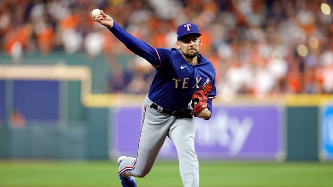 Texas Rangers RHP Nathan Eovaldi throws a pitch vs. the Astros in Game 6 of the 2023 ALCS at Minute Maid Park in Houston.