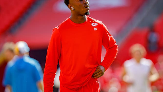 Justyn Ross #8 of the Kansas City Chiefs warms up prior to the game against the Los Angeles Chargers.