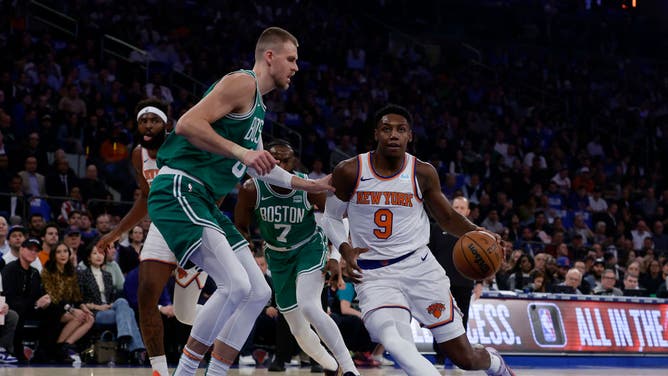 New York Knicks wing RJ Barrett drives to the basket vs. the Boston Celtics at Madison Square Garden.