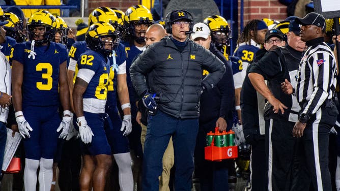 Jim Harbaugh on the sidelines for the Wolverines' game vs. the Purdue Boilermakers at Michigan Stadium in Ann Arbor.