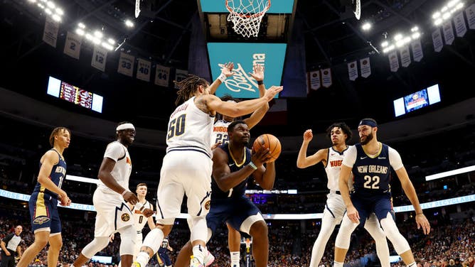 New Orleans Pelicans PF Zion Williamson gets into the paint vs. the Nuggets at Ball Arena in Denver, Colorado.