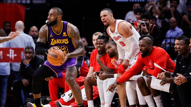 Rockets SG Dillon Brooks yells at Los Angeles Lakers wing LeBron James at Toyota Center in Houston, Texas.